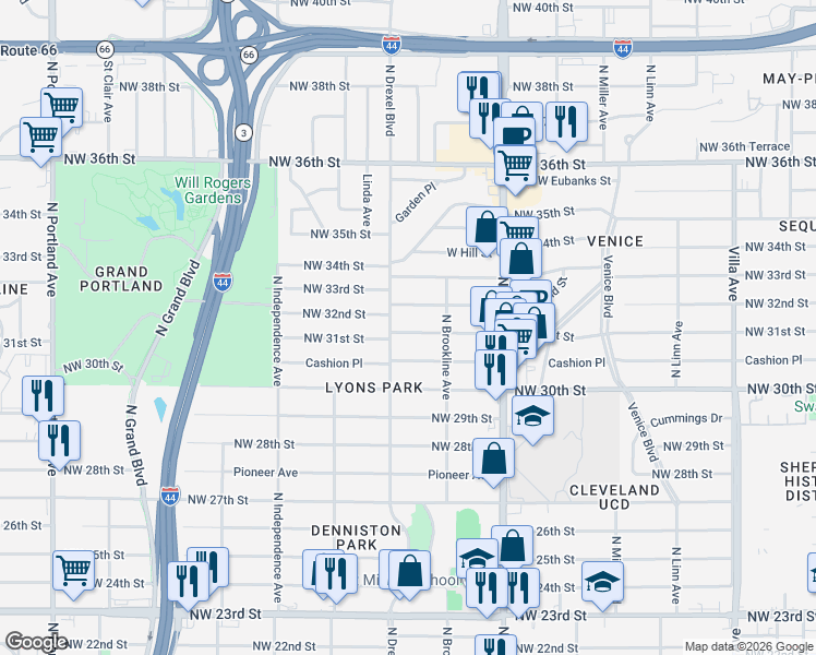 map of restaurants, bars, coffee shops, grocery stores, and more near 3020 Northwest 31st Street in Oklahoma City