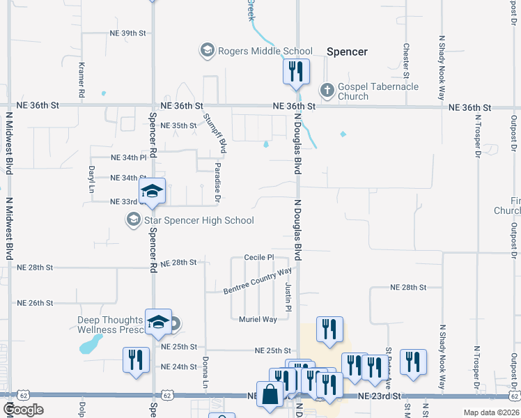 map of restaurants, bars, coffee shops, grocery stores, and more near 3135 North Douglas Boulevard in Spencer