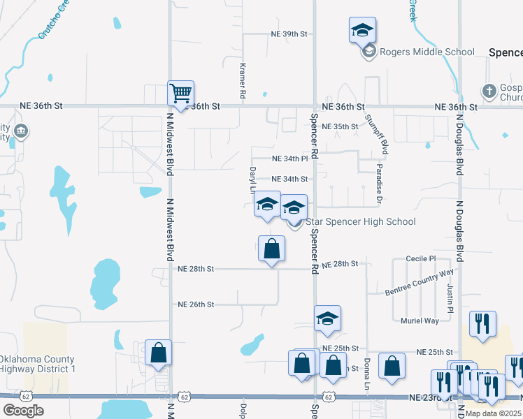map of restaurants, bars, coffee shops, grocery stores, and more near 3001 Spencer Road in Spencer