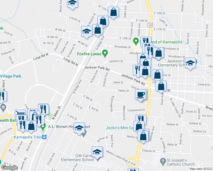 map of restaurants, bars, coffee shops, grocery stores, and more near 504 North Rose Avenue in Kannapolis