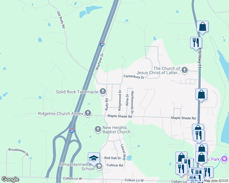 map of restaurants, bars, coffee shops, grocery stores, and more near 1331 Kingswood Street in Alma