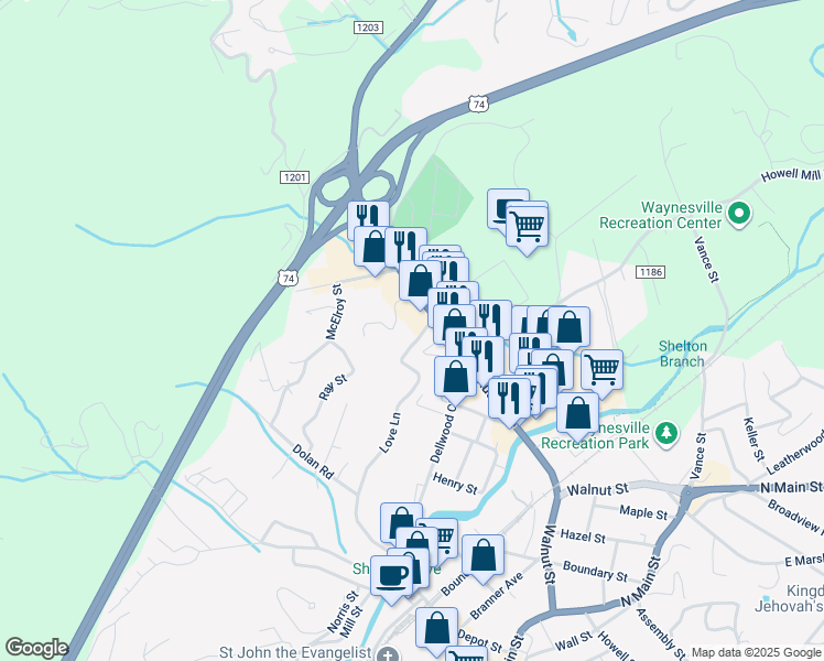map of restaurants, bars, coffee shops, grocery stores, and more near 62 Orchard View Drive in Waynesville