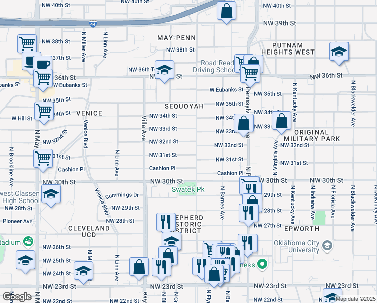 map of restaurants, bars, coffee shops, grocery stores, and more near 2306 Northwest 31st Street in Oklahoma City