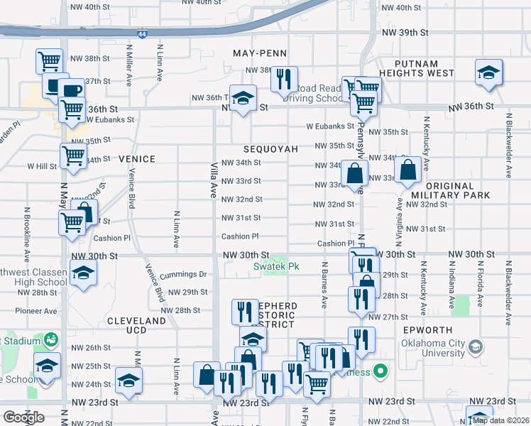 map of restaurants, bars, coffee shops, grocery stores, and more near 2340 Northwest 31st Street in Oklahoma City