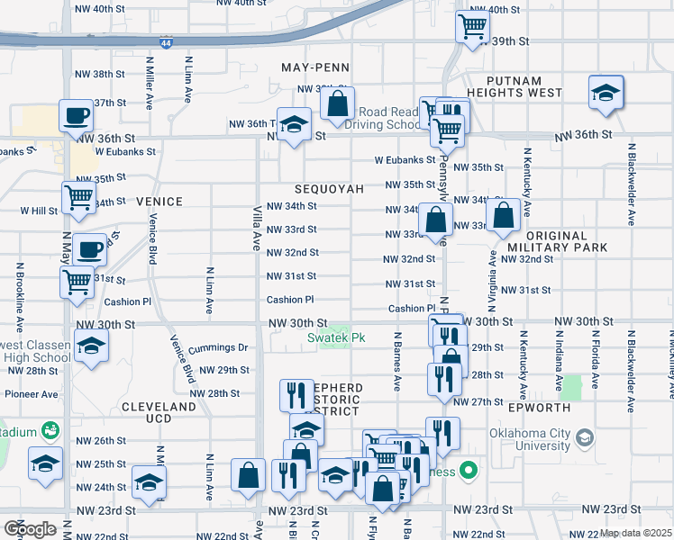 map of restaurants, bars, coffee shops, grocery stores, and more near 2306 Northwest 31st Street in Oklahoma City
