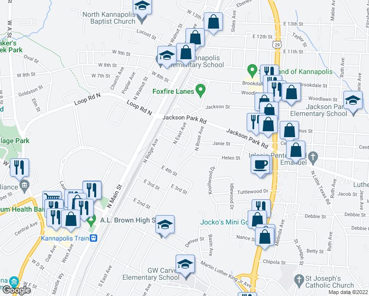map of restaurants, bars, coffee shops, grocery stores, and more near 398 East 5th Street in Kannapolis