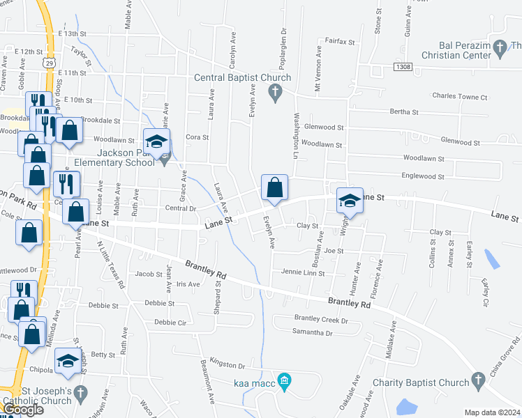 map of restaurants, bars, coffee shops, grocery stores, and more near 605 Evelyn Avenue in Kannapolis