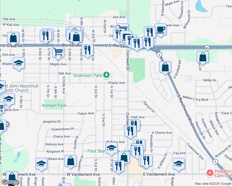 map of restaurants, bars, coffee shops, grocery stores, and more near 117 Spruce Avenue in Yukon