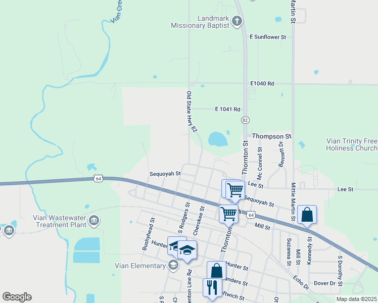 map of restaurants, bars, coffee shops, grocery stores, and more near 311 North Dennis Street in Vian