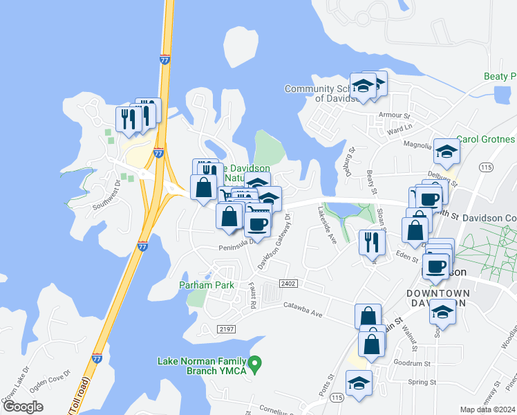 map of restaurants, bars, coffee shops, grocery stores, and more near 750 Jetton Street in Davidson