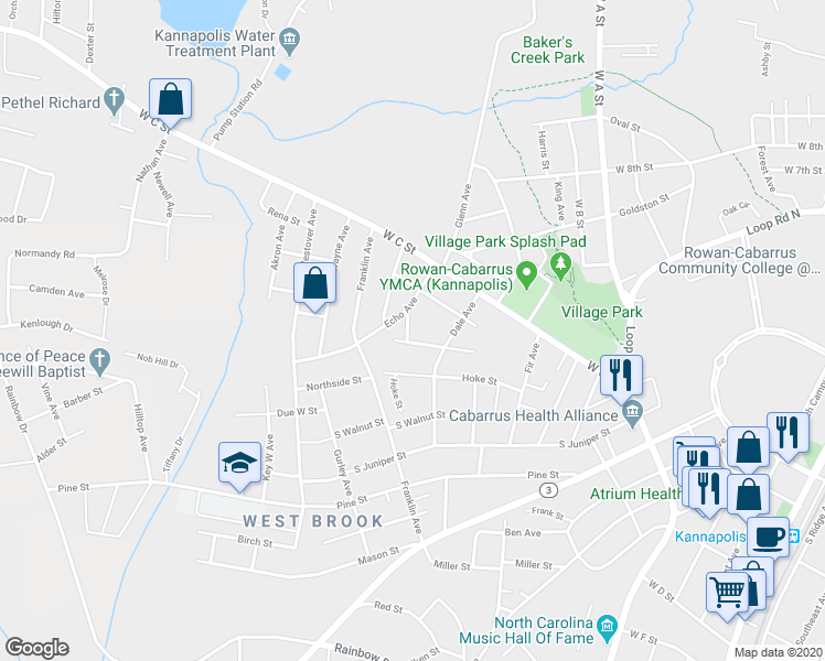 map of restaurants, bars, coffee shops, grocery stores, and more near 115 McCary Street in Kannapolis