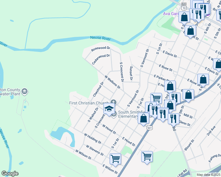 map of restaurants, bars, coffee shops, grocery stores, and more near 410 Beechwood Drive in Smithfield