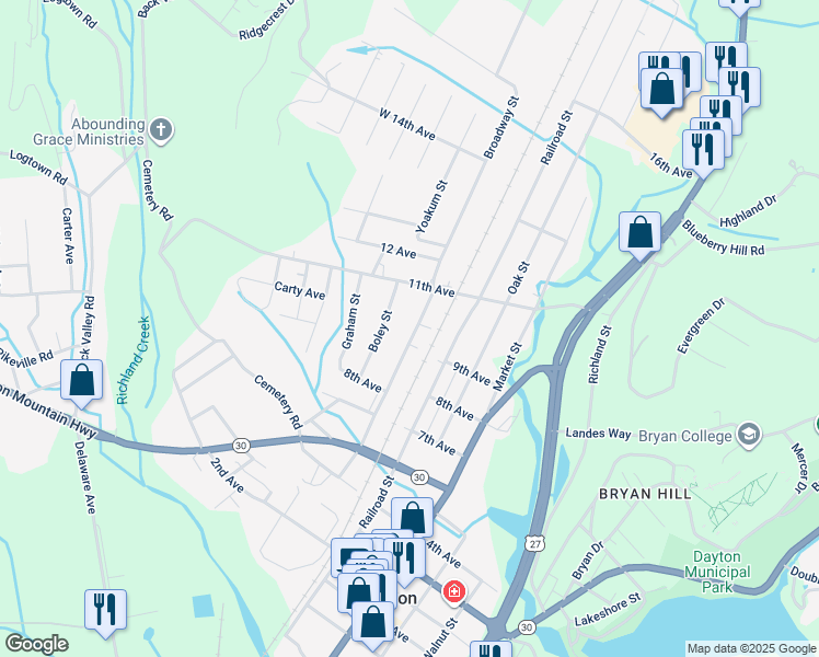 map of restaurants, bars, coffee shops, grocery stores, and more near 459 Broadway Street in Dayton