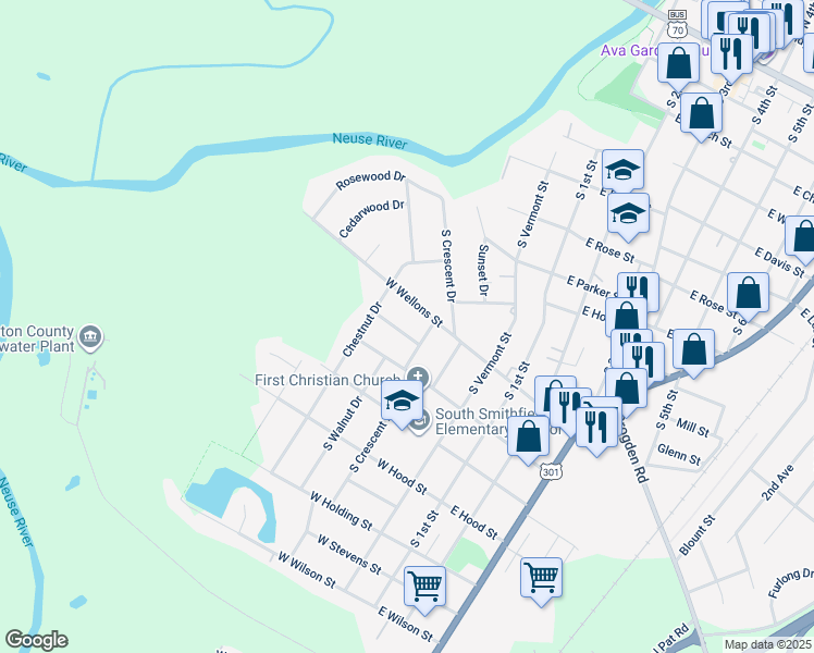 map of restaurants, bars, coffee shops, grocery stores, and more near 410 Beechwood Drive in Smithfield