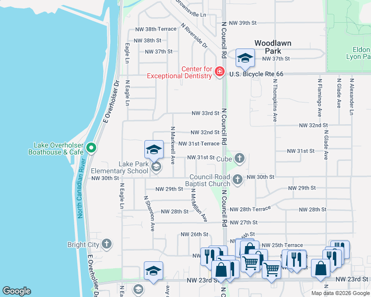 map of restaurants, bars, coffee shops, grocery stores, and more near 8112 Northwest 31st Street in Bethany