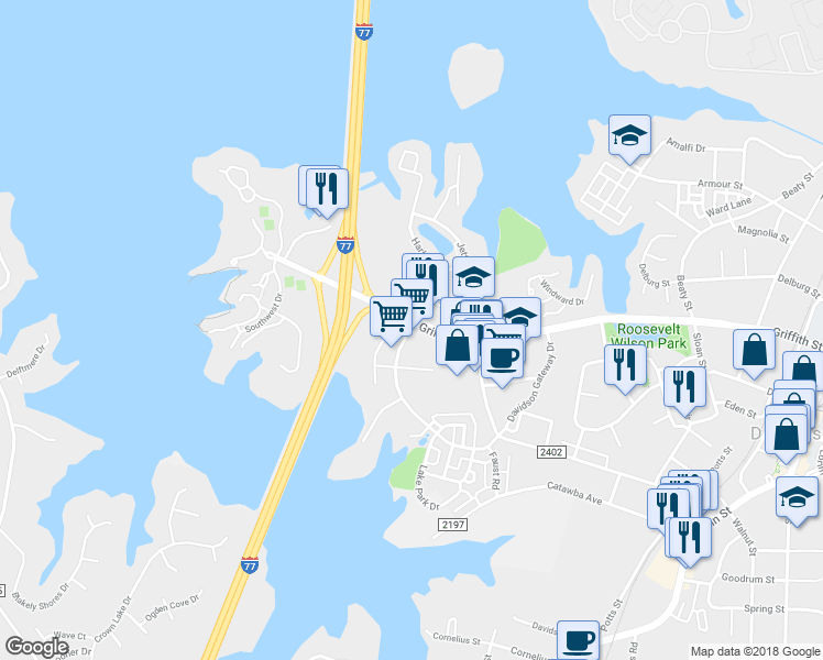 map of restaurants, bars, coffee shops, grocery stores, and more near 1041 Davidson Gateway Drive in Davidson