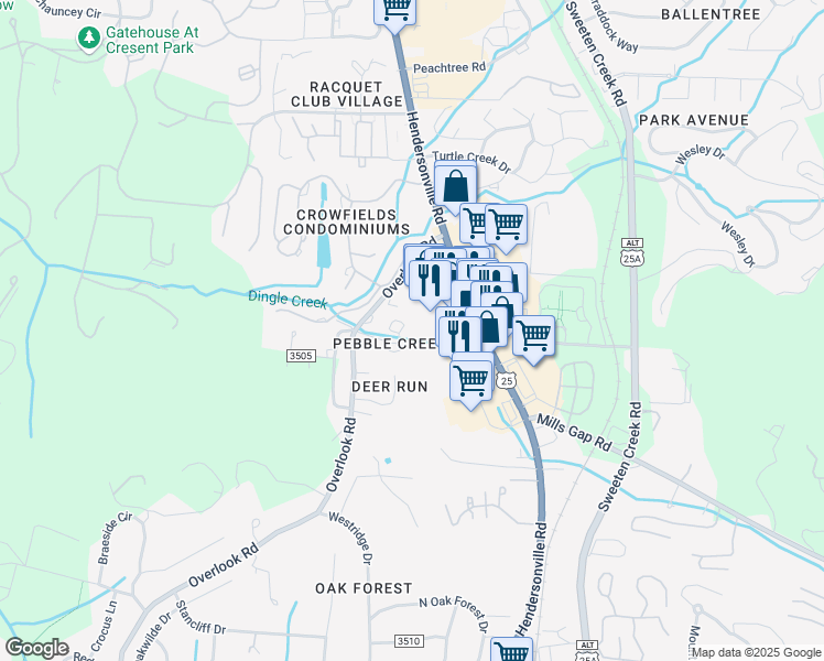 map of restaurants, bars, coffee shops, grocery stores, and more near 75 Pebble Creek Drive in Asheville