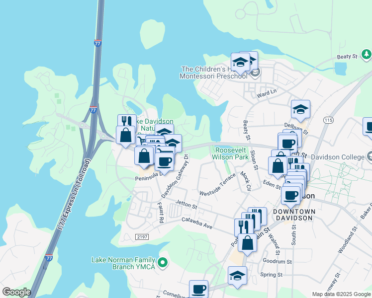 map of restaurants, bars, coffee shops, grocery stores, and more near 565 Griffith Street in Davidson