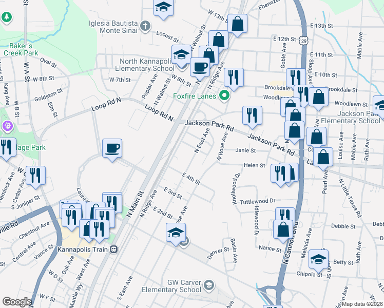 map of restaurants, bars, coffee shops, grocery stores, and more near 409 North East Avenue in Kannapolis