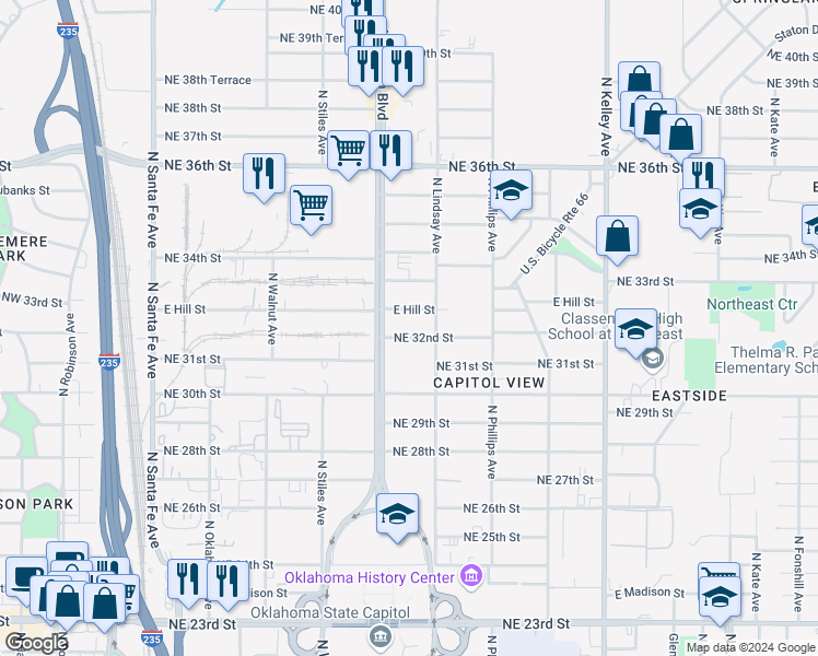 map of restaurants, bars, coffee shops, grocery stores, and more near 3217 North Lindsay Avenue in Oklahoma City