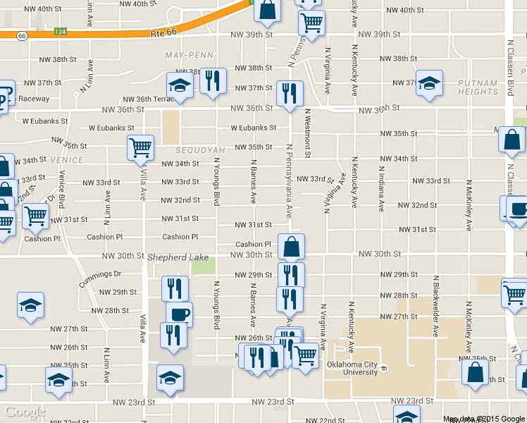 map of restaurants, bars, coffee shops, grocery stores, and more near 2141 Northwest 31st Street in Oklahoma City