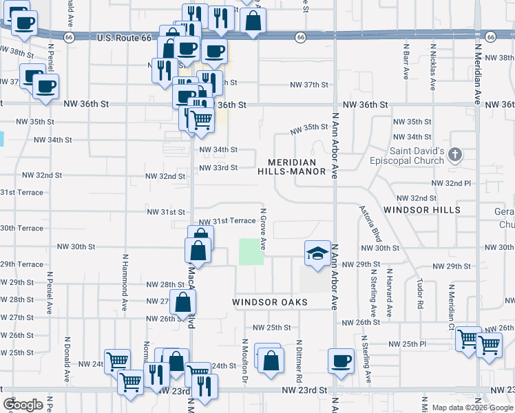map of restaurants, bars, coffee shops, grocery stores, and more near 5717 Northwest 31st Terrace in Oklahoma City