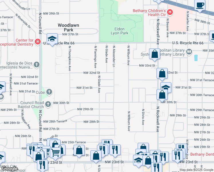 map of restaurants, bars, coffee shops, grocery stores, and more near 7409 Northwest 30th Terrace in Bethany