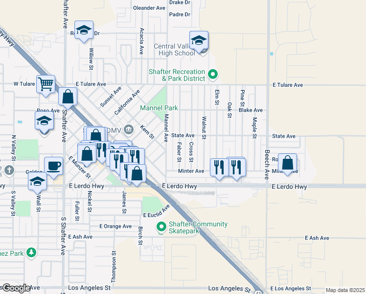 map of restaurants, bars, coffee shops, grocery stores, and more near 242 Faber Street in Shafter
