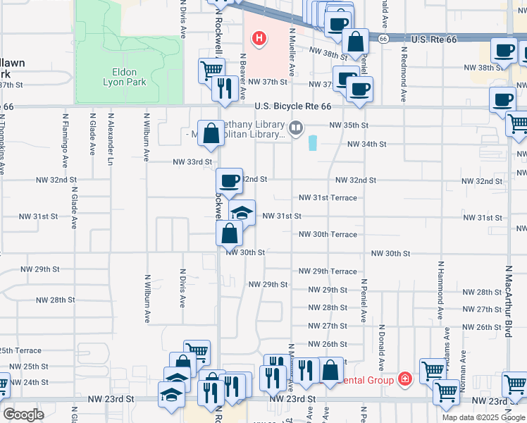 map of restaurants, bars, coffee shops, grocery stores, and more near 6812 Northwest 31st Street in Bethany