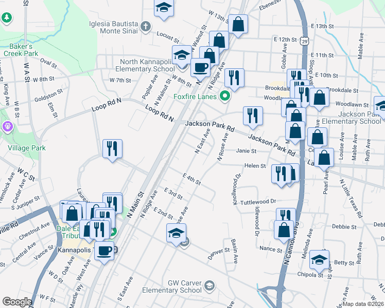 map of restaurants, bars, coffee shops, grocery stores, and more near 409 North East Avenue in Kannapolis
