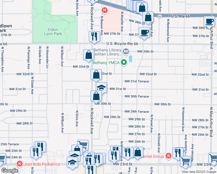 map of restaurants, bars, coffee shops, grocery stores, and more near 6812 Northwest 31st Street in Bethany