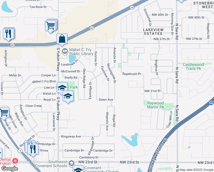 map of restaurants, bars, coffee shops, grocery stores, and more near 616 Eastview Drive in Yukon