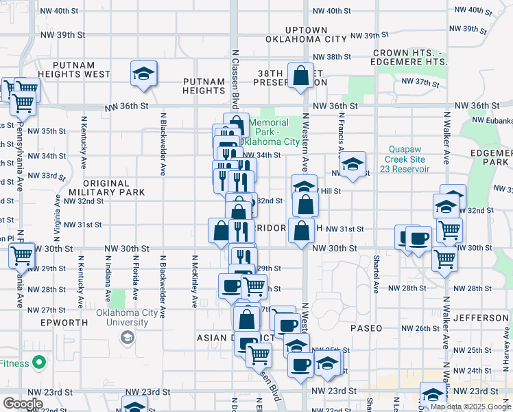 map of restaurants, bars, coffee shops, grocery stores, and more near 1218 Northwest 32nd Street in Oklahoma City