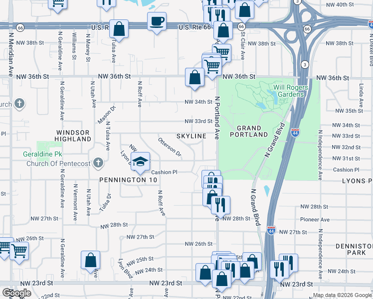 map of restaurants, bars, coffee shops, grocery stores, and more near 3801 Northwest 31st Street in Oklahoma City