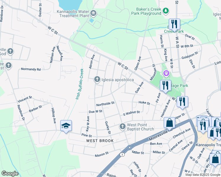 map of restaurants, bars, coffee shops, grocery stores, and more near 167 Franklin Avenue in Kannapolis