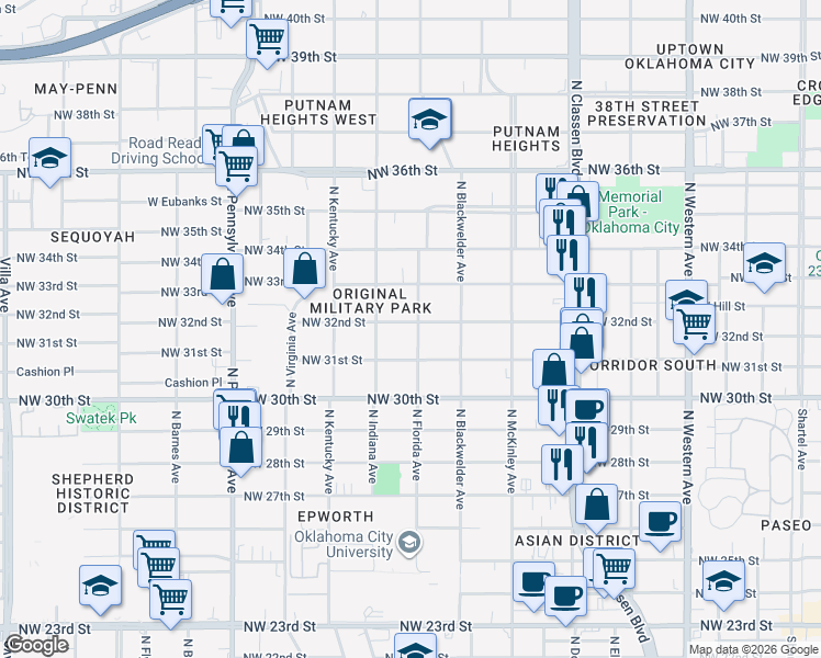 map of restaurants, bars, coffee shops, grocery stores, and more near 1701 Northwest 31st Street in Oklahoma City