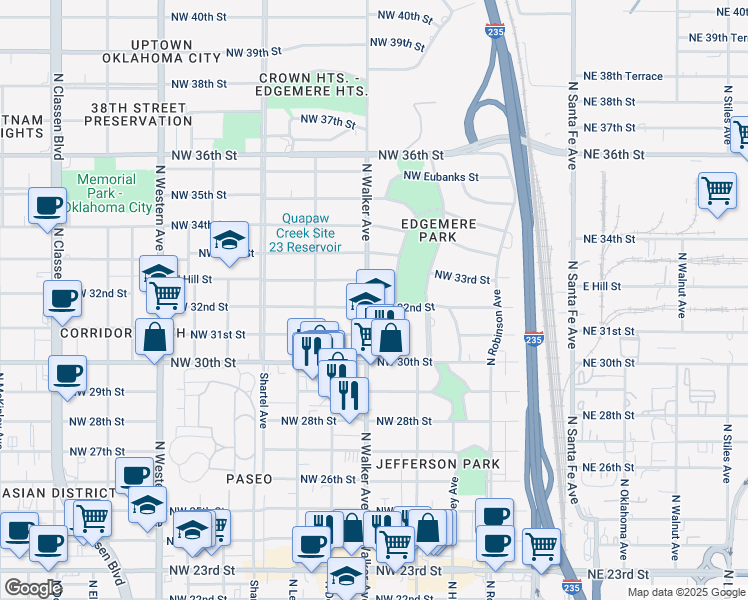 map of restaurants, bars, coffee shops, grocery stores, and more near 3209 North Walker Avenue in Oklahoma City