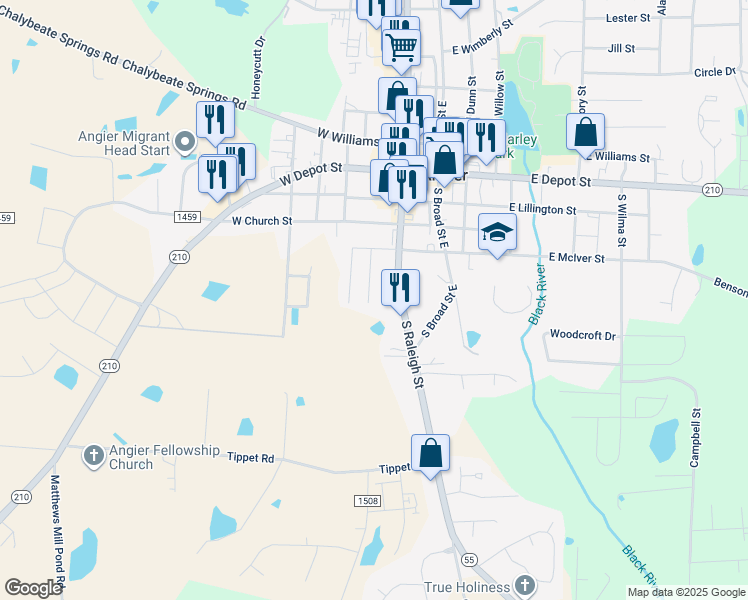 map of restaurants, bars, coffee shops, grocery stores, and more near 121 Crestview Drive in Angier