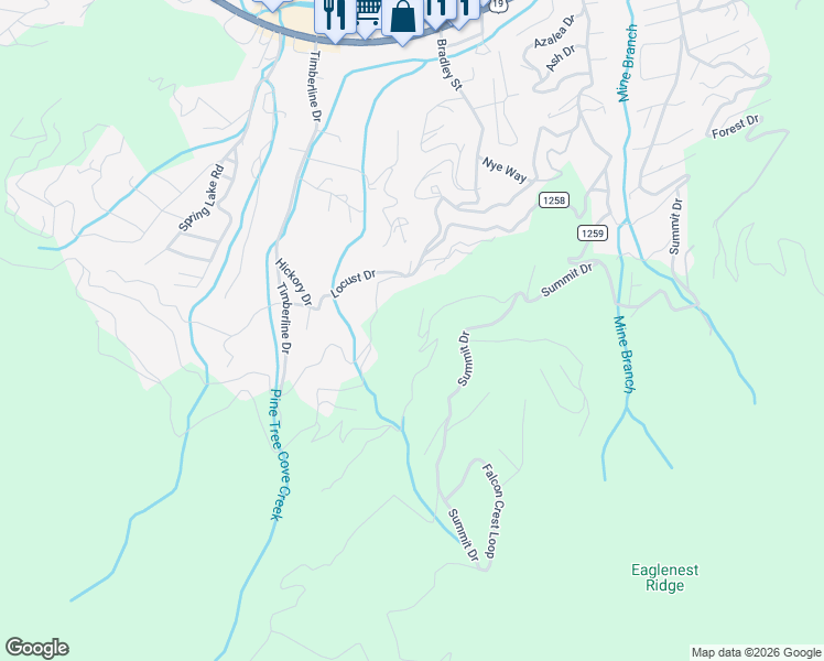map of restaurants, bars, coffee shops, grocery stores, and more near 288 Robin Roost Road in Maggie Valley