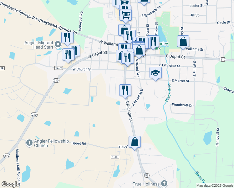 map of restaurants, bars, coffee shops, grocery stores, and more near 121 Crestview Drive in Angier