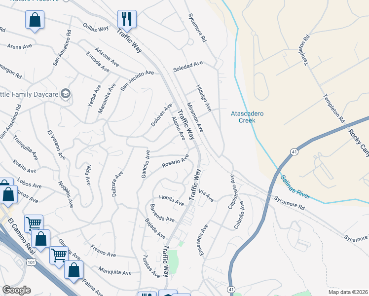 map of restaurants, bars, coffee shops, grocery stores, and more near 4960 Alamo Avenue in Atascadero