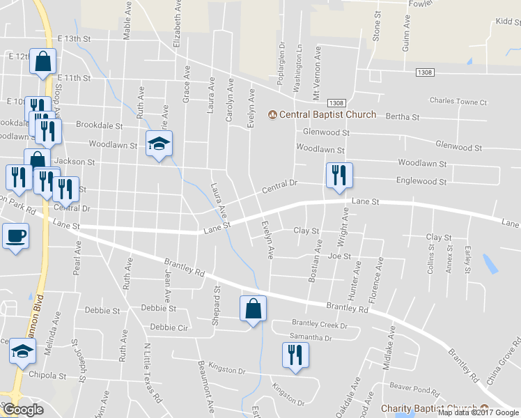 map of restaurants, bars, coffee shops, grocery stores, and more near 637 Evelyn Avenue in Kannapolis