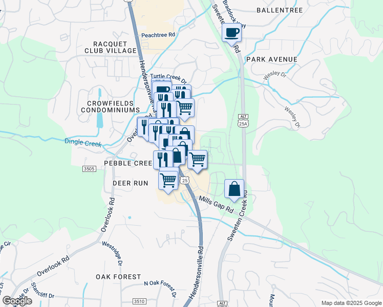 map of restaurants, bars, coffee shops, grocery stores, and more near 20 Fall Pippin Lane in Asheville