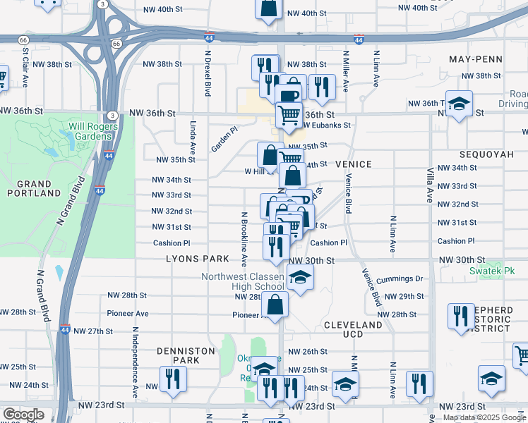 map of restaurants, bars, coffee shops, grocery stores, and more near 3337 North May Avenue in Oklahoma City