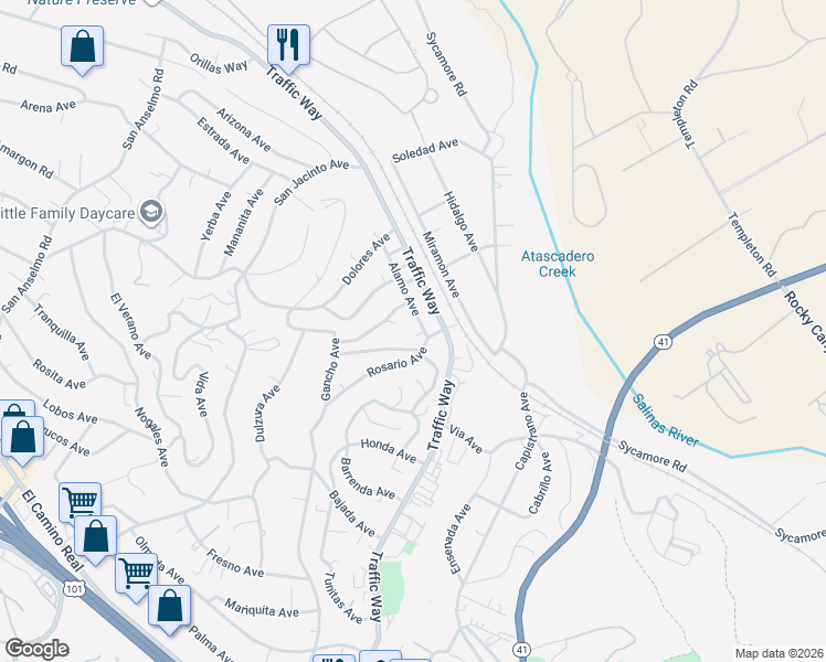 map of restaurants, bars, coffee shops, grocery stores, and more near 4960 Alamo Avenue in Atascadero