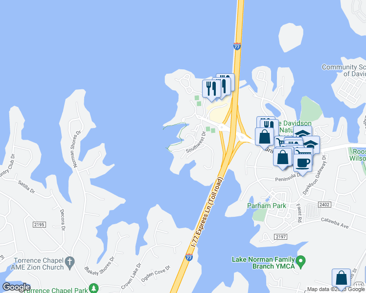 map of restaurants, bars, coffee shops, grocery stores, and more near 863 Southwest Drive in Davidson