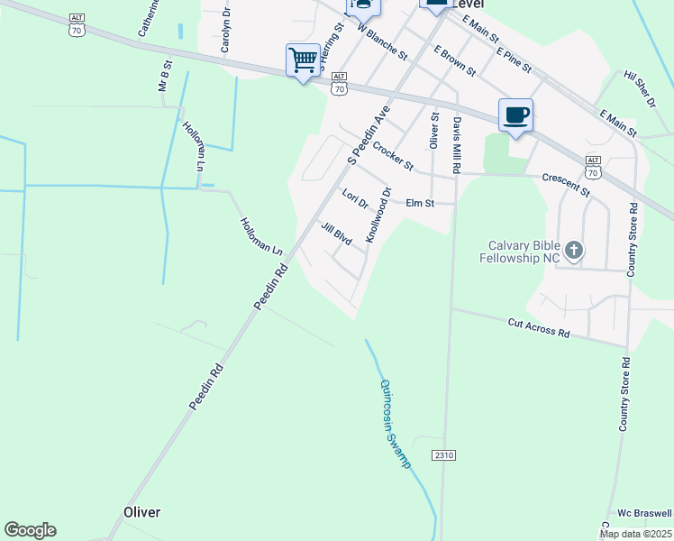 map of restaurants, bars, coffee shops, grocery stores, and more near 61 Terrys Way in Selma