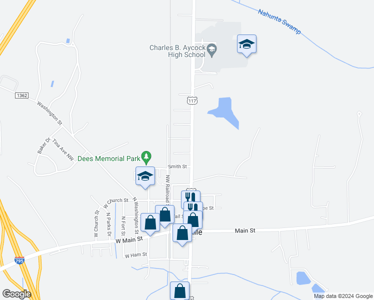 map of restaurants, bars, coffee shops, grocery stores, and more near 5283 US Highway 117 in Pikeville