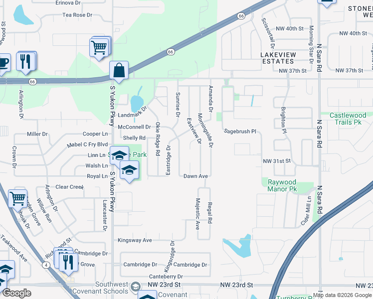 map of restaurants, bars, coffee shops, grocery stores, and more near 624 Eastview Circle in Yukon