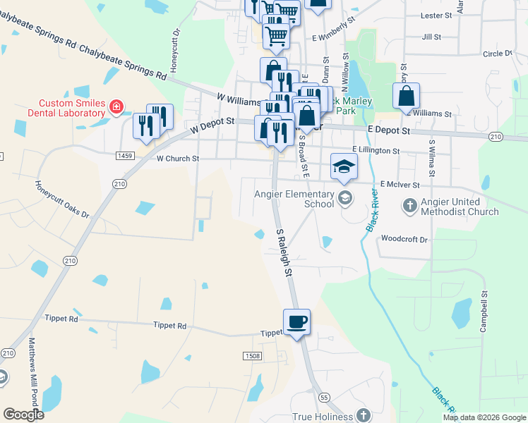 map of restaurants, bars, coffee shops, grocery stores, and more near 304 South Raleigh Street in Angier